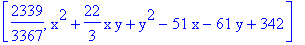 [2339/3367, x^2+22/3*x*y+y^2-51*x-61*y+342]